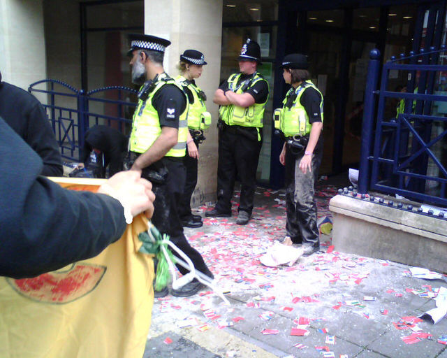 debris and banner at the jobcentre